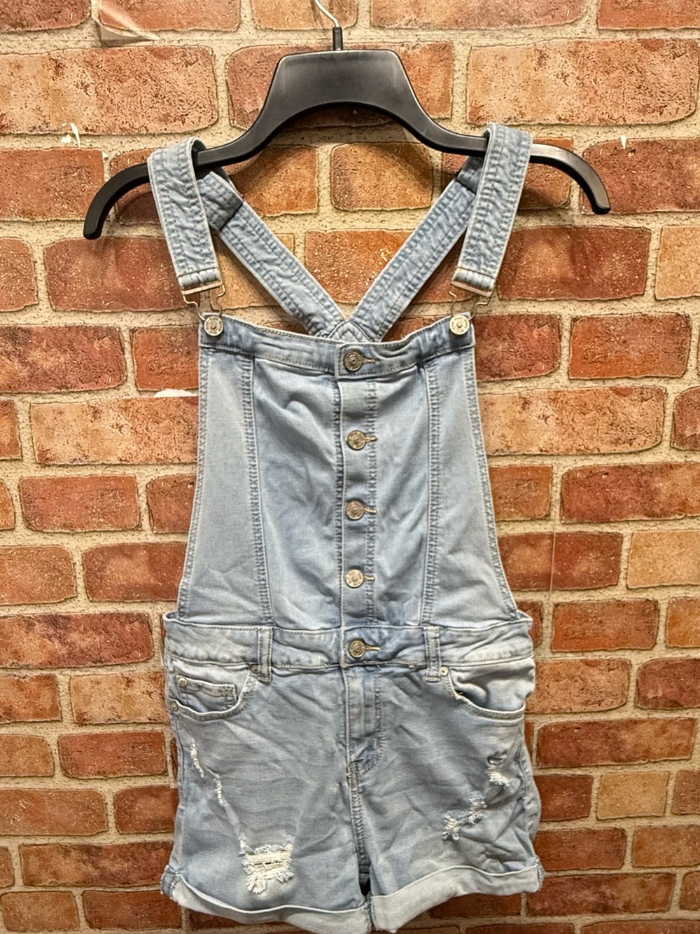 Retro 90’s look Light Wash distressed button front cuffed Denim Short Overalls